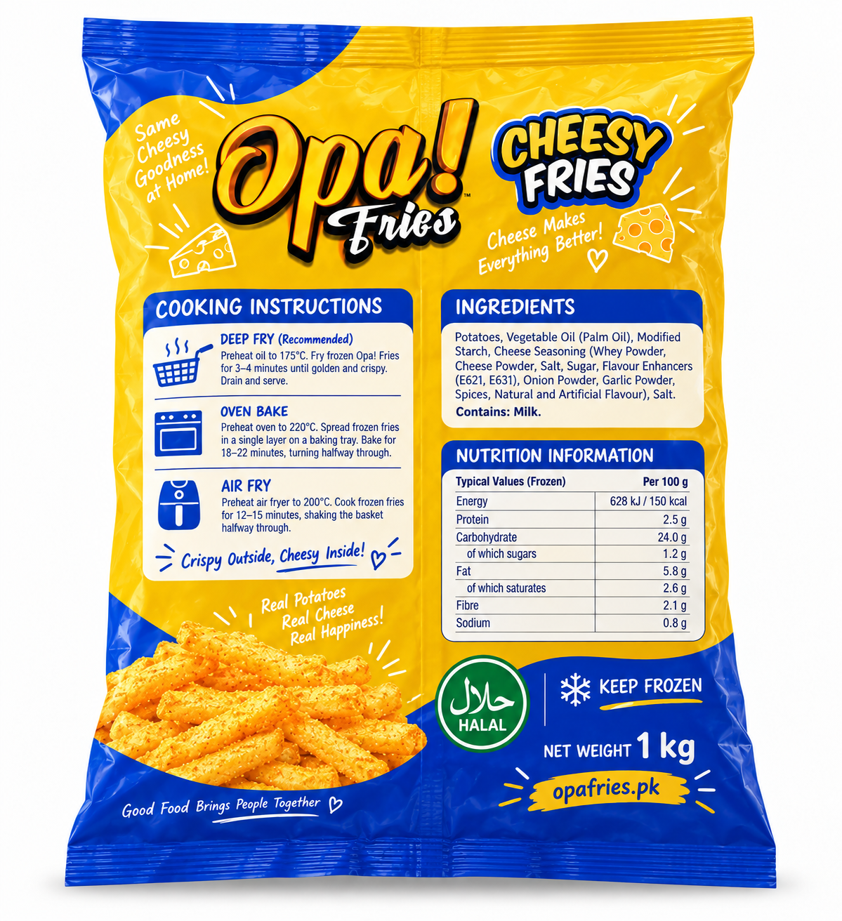 Opa! Cheesy Frozen Fries 1 kg bag, back view showing product information