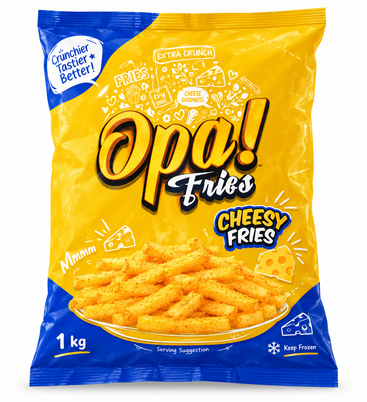 Opa! Cheesy Frozen Fries 1 kg bag, front view