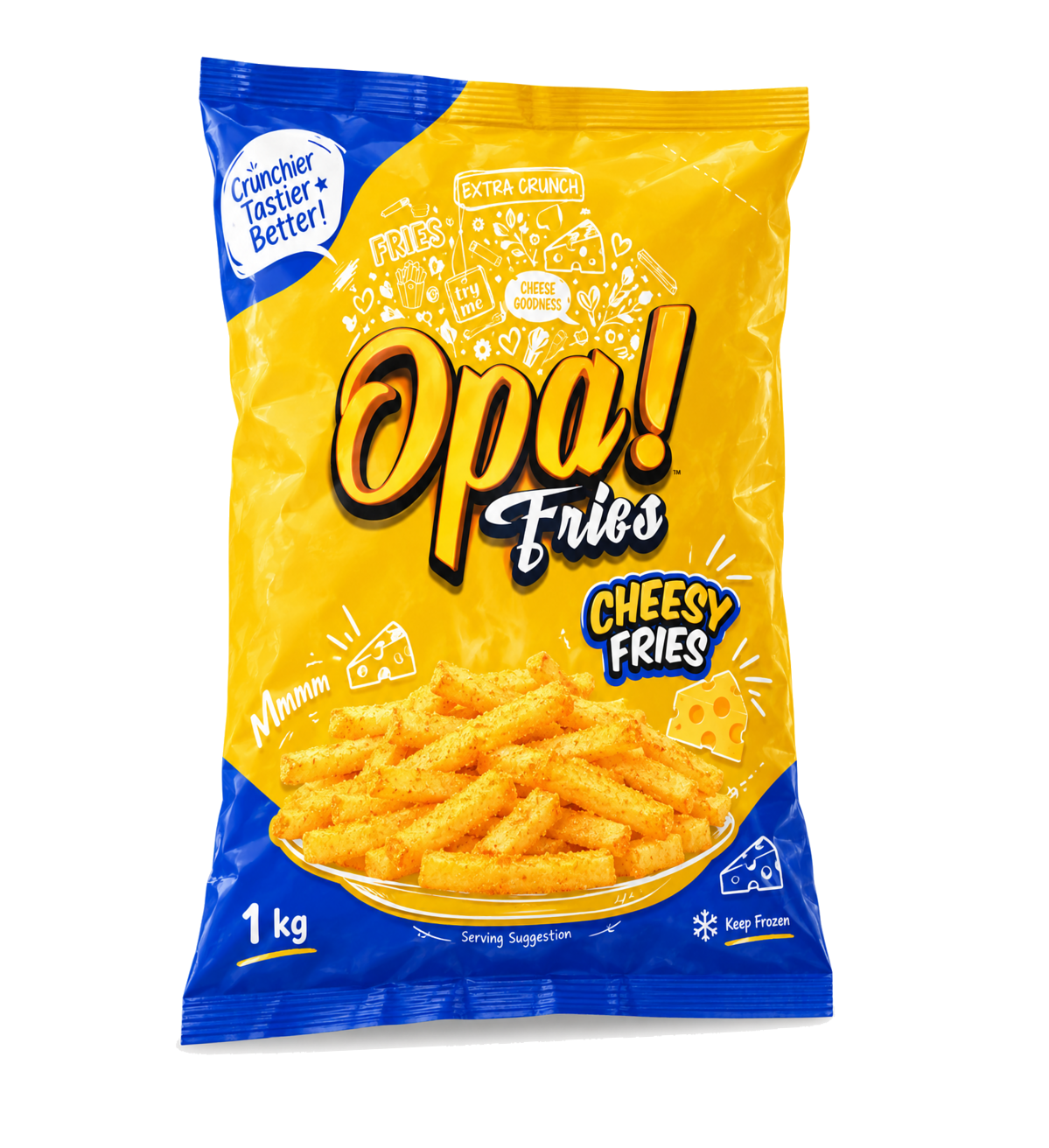 Opa! Cheesy Frozen Fries 1 kg bag, left-angle view