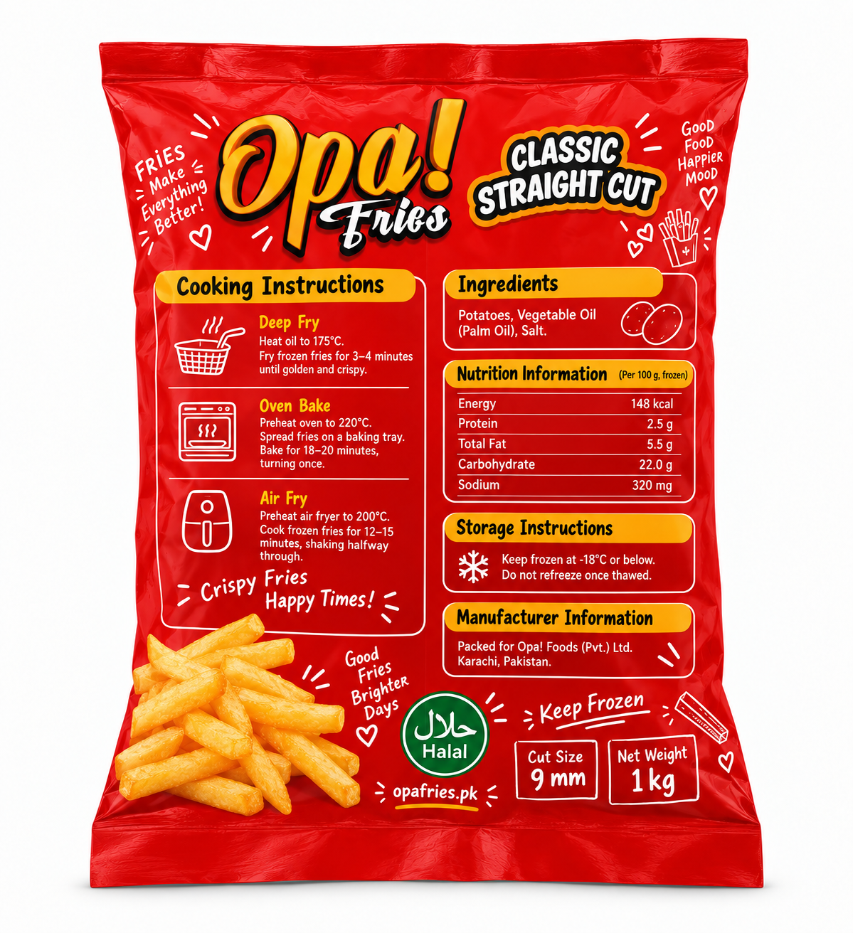 Opa! Classic Straight Cut Frozen Fries (9 mm) 1 kg bag, back view showing product information