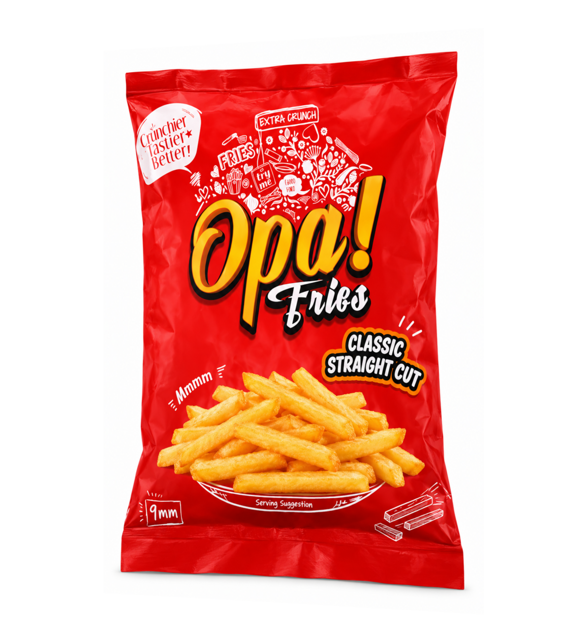 Opa! Classic Straight Cut Frozen Fries (9 mm) 1 kg bag, left-angle view