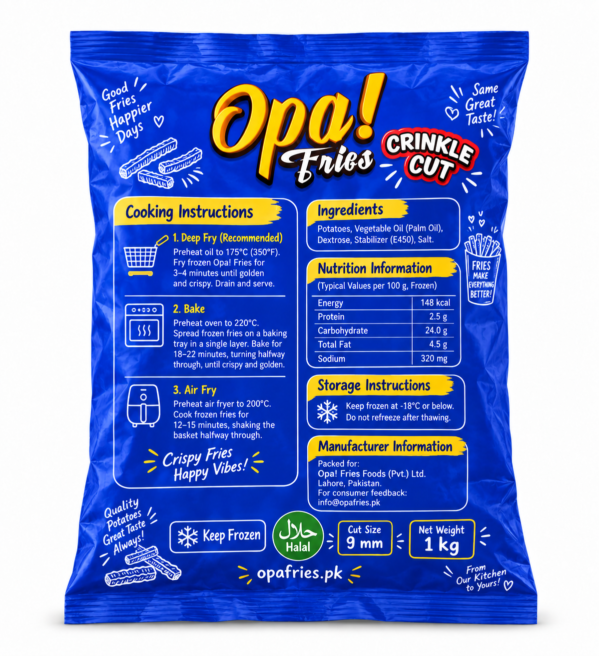 Opa! Crinkle Cut Frozen Fries (9 mm) 1 kg bag, back view showing product information