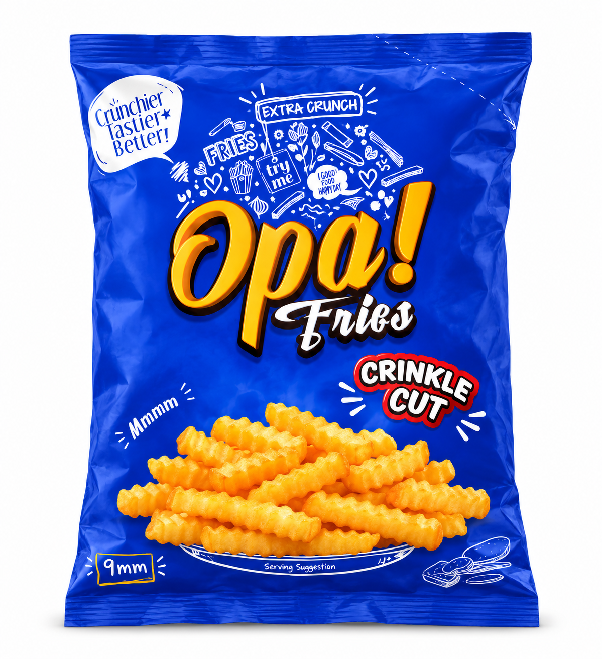 Opa! Crinkle Cut Frozen Fries (9 mm) 1 kg bag, front view