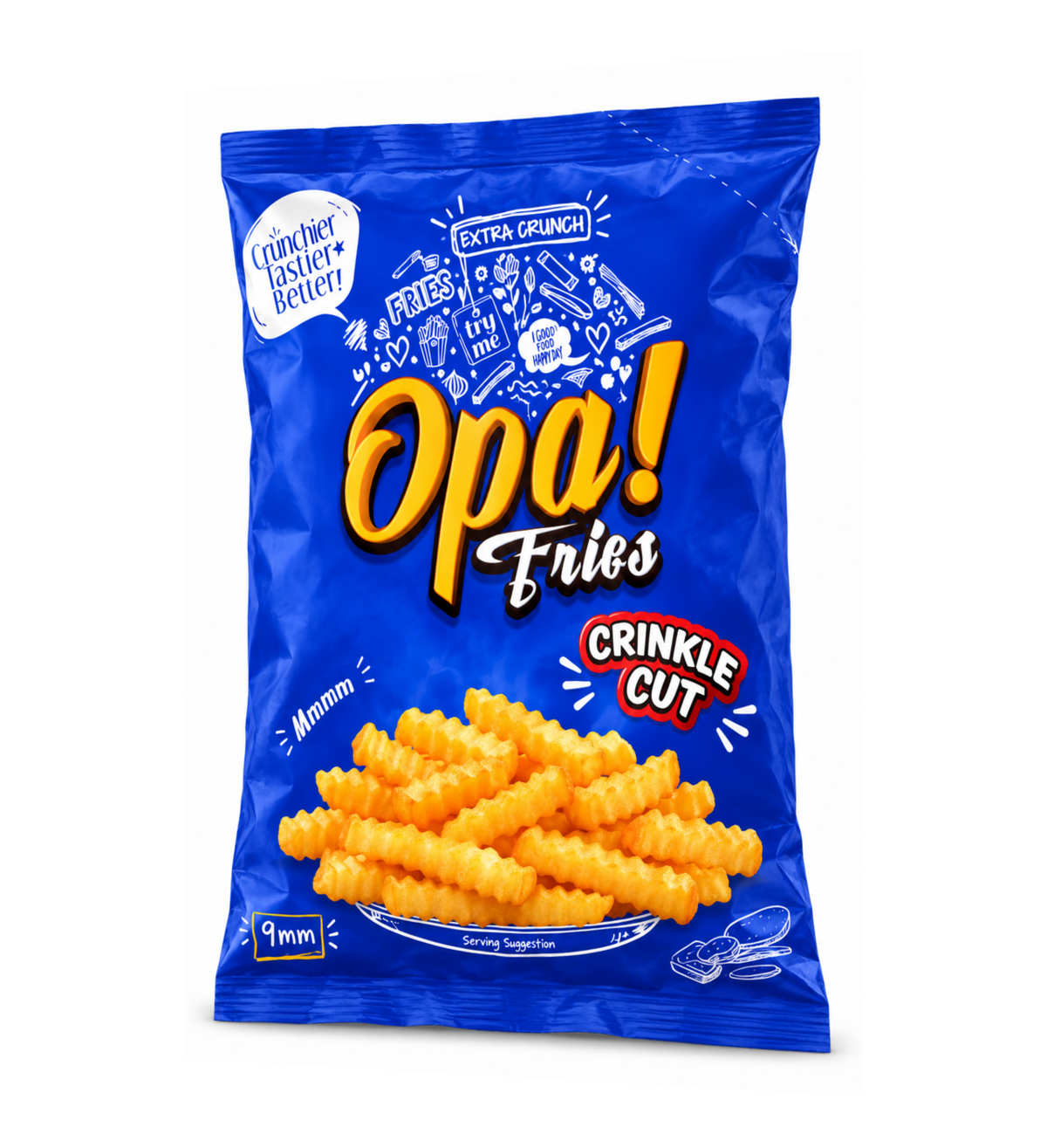 Opa! Crinkle Cut Frozen Fries (9 mm) 1 kg bag, left-angle view