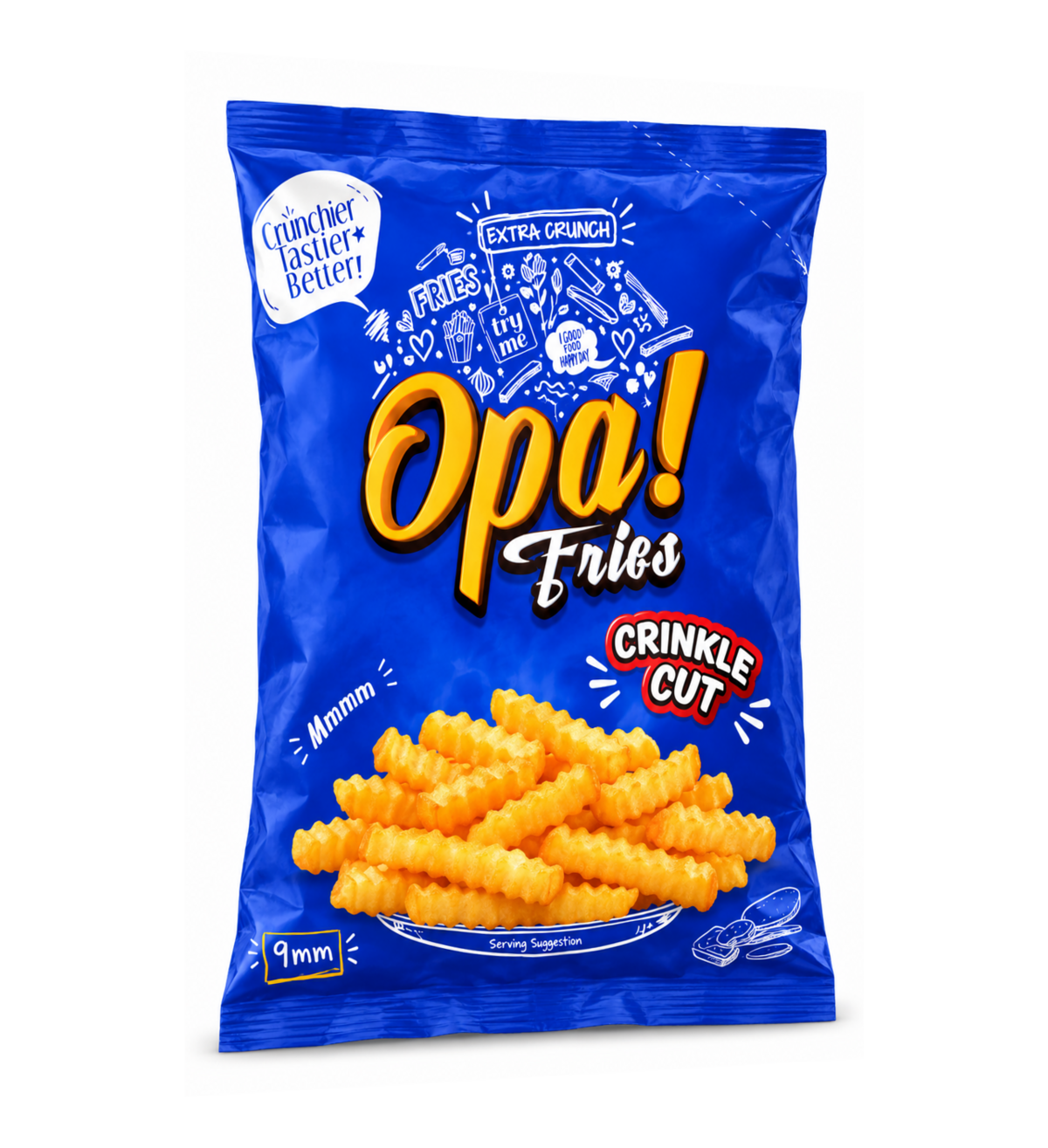 Opa! Crinkle Cut Frozen Fries (9 mm) 1 kg bag, right-angle view