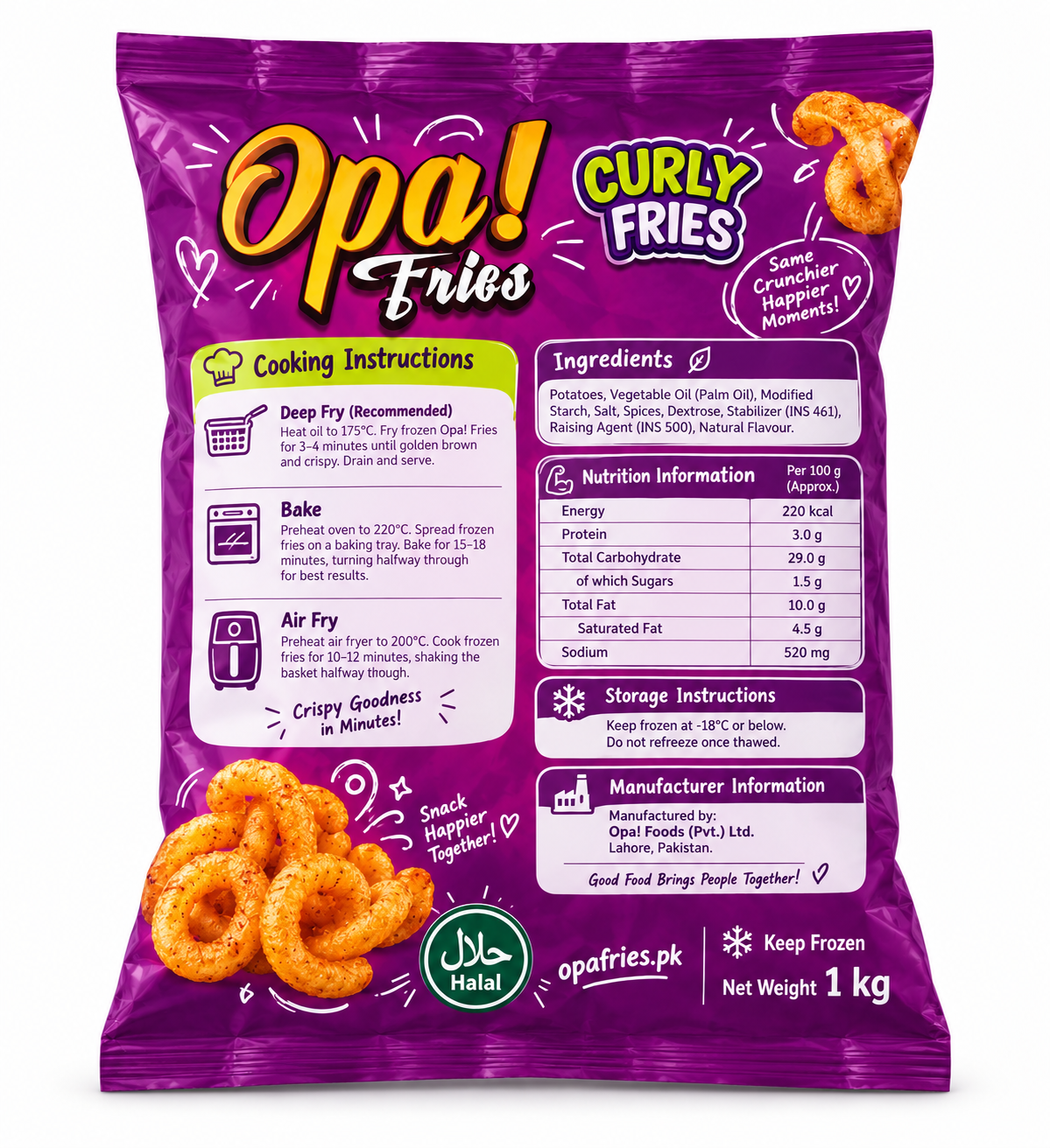 Opa! Curly Frozen Fries 1 kg bag, back view showing product information