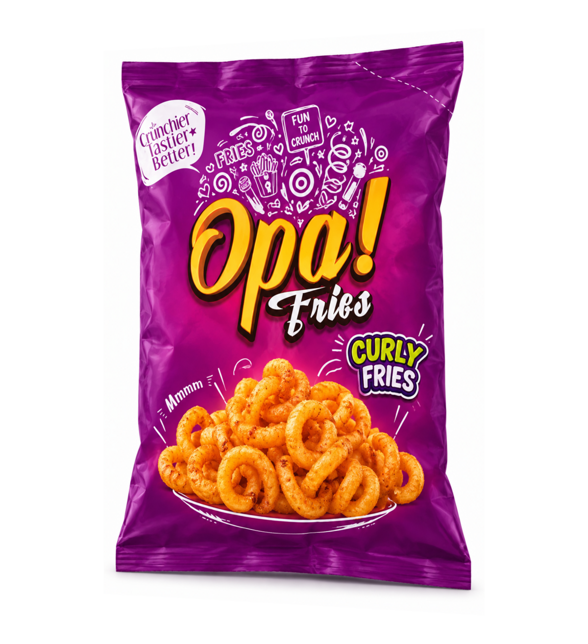 Opa! Curly Frozen Fries 1 kg bag, left-angle view