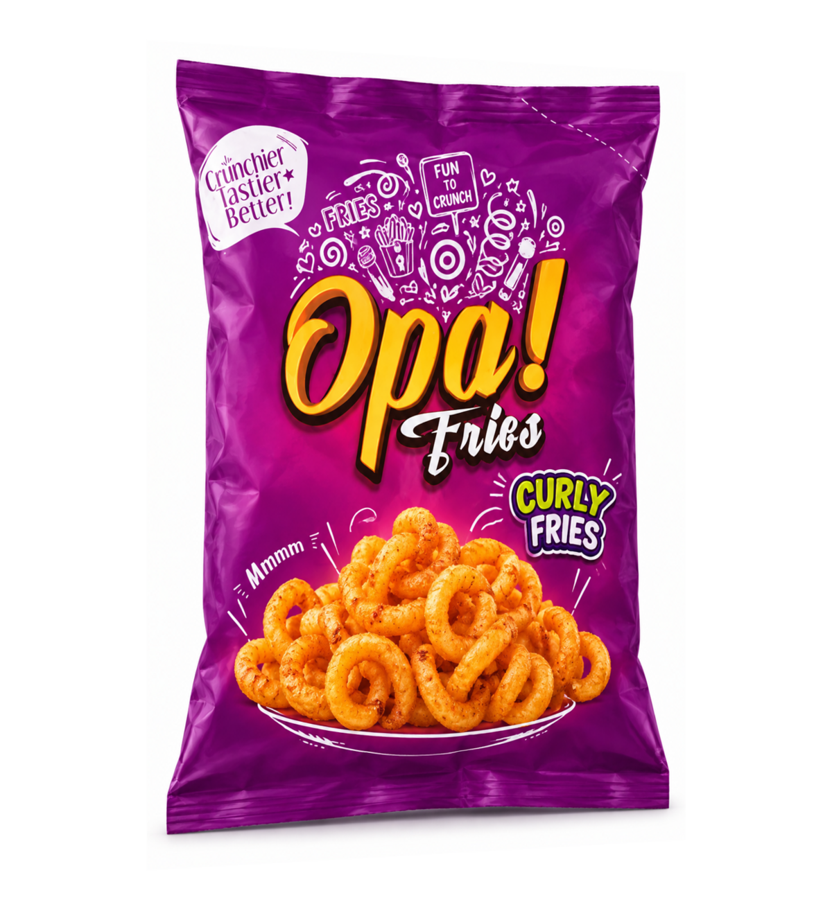Opa! Curly Frozen Fries 1 kg bag, right-angle view