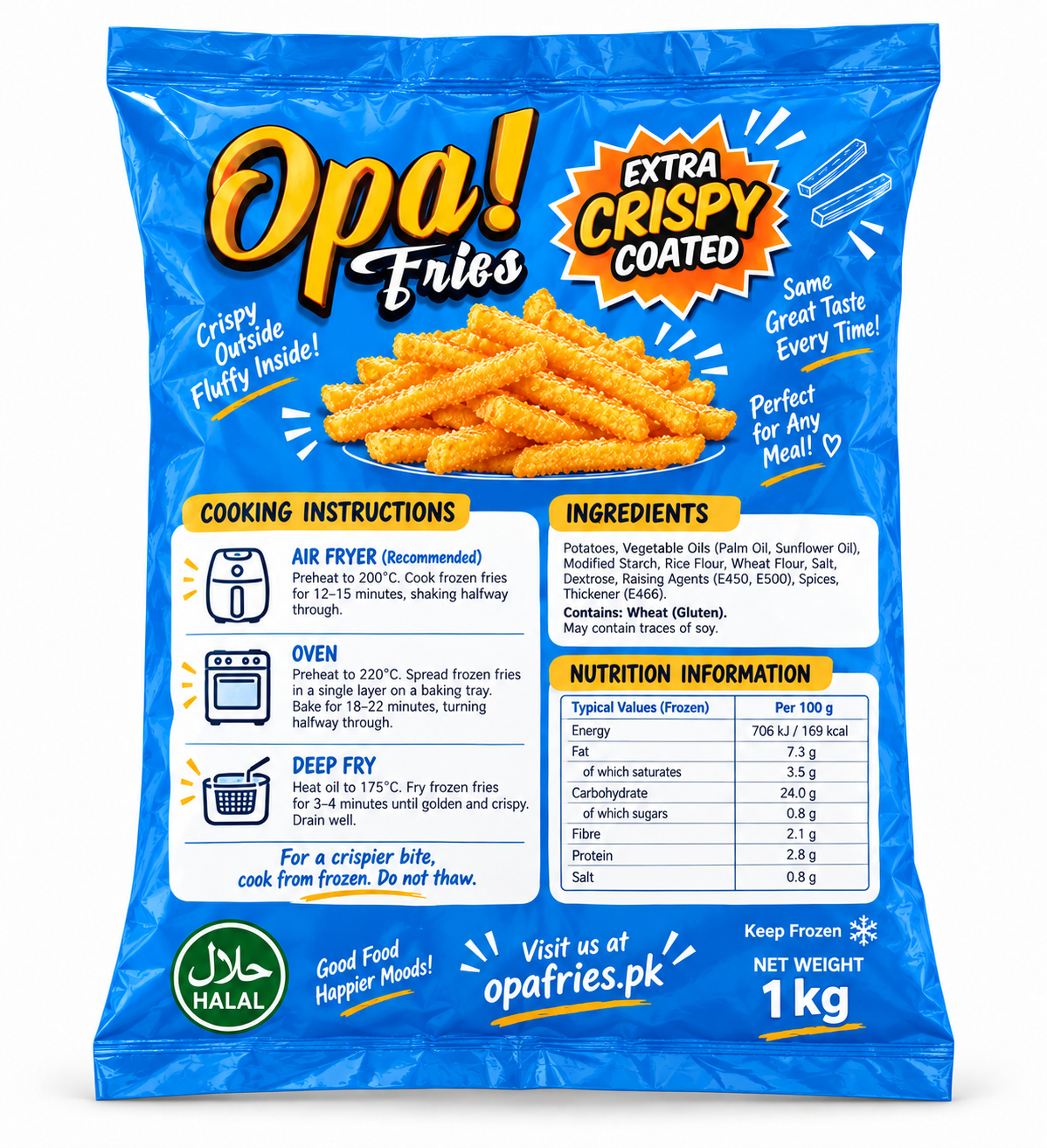 Opa! Extra Crispy Coated Frozen Fries 1 kg bag, back view showing product information