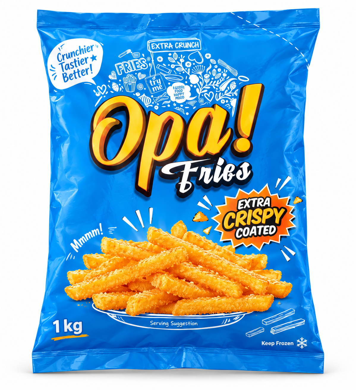 Opa! Extra Crispy Coated Frozen Fries 1 kg bag, front view