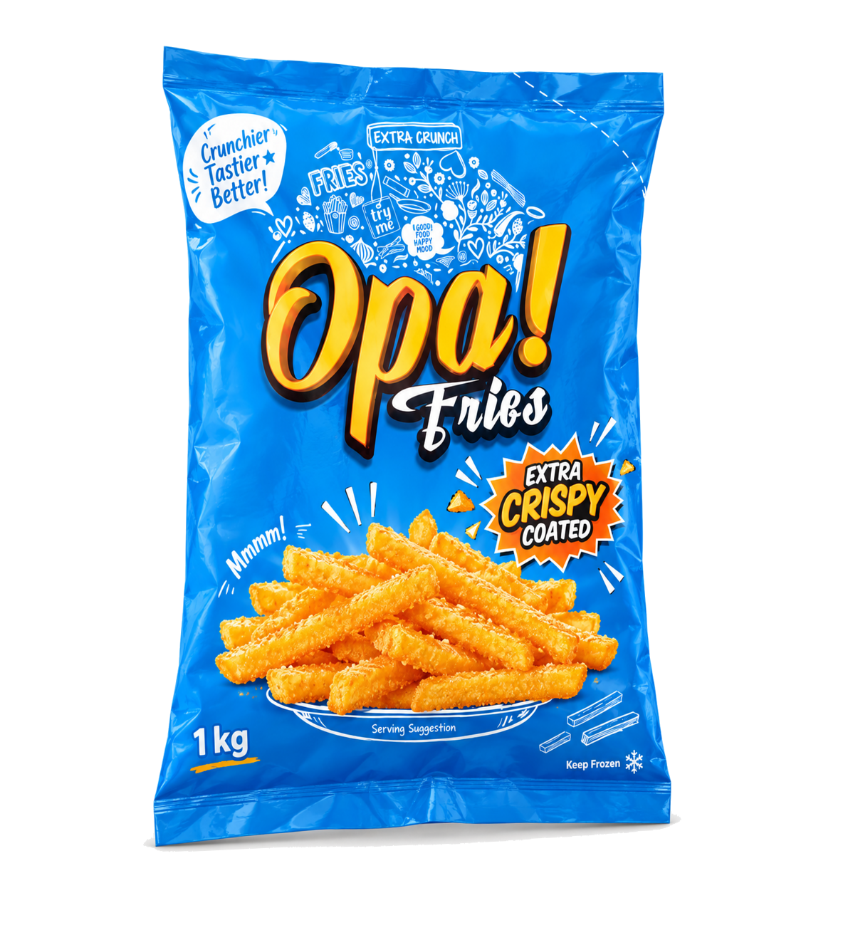 Opa! Extra Crispy Coated Frozen Fries 1 kg bag, left-angle view