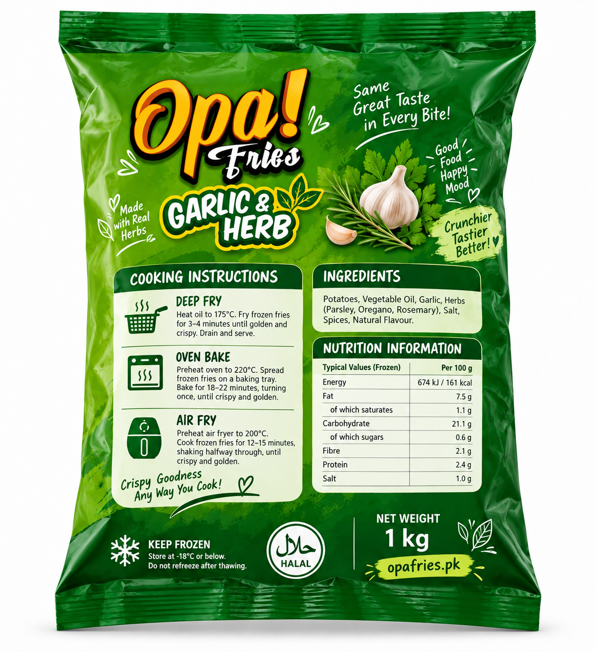 Opa! Garlic & Herb Frozen Fries 1 kg bag, back view showing product information