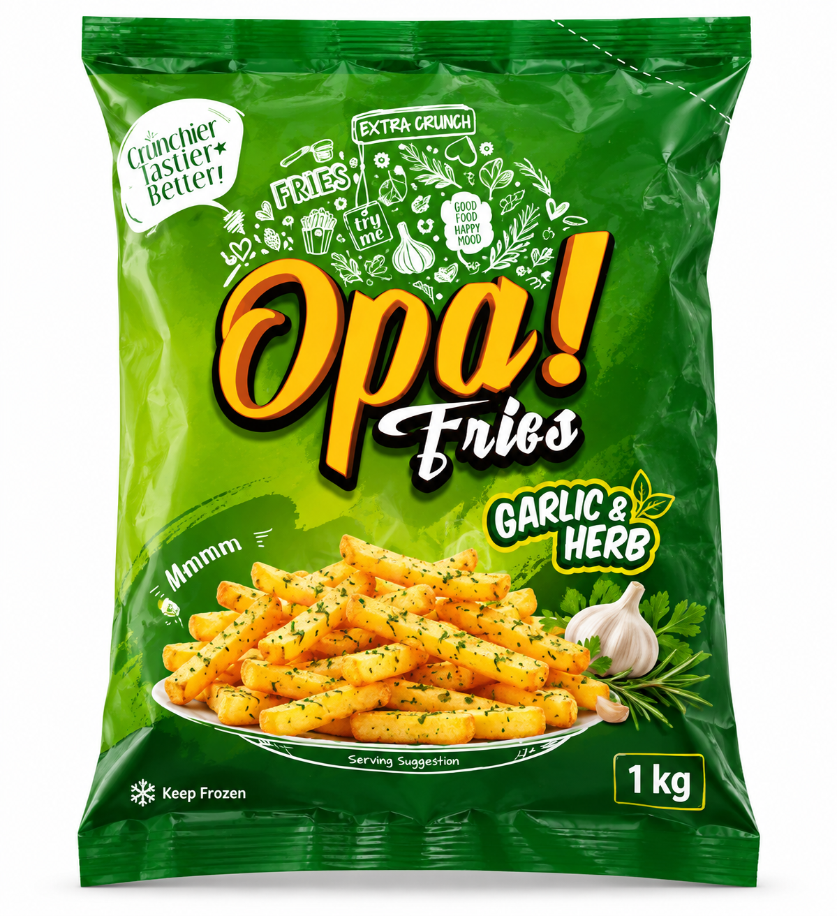Opa! Garlic & Herb Frozen Fries 1 kg bag, front view