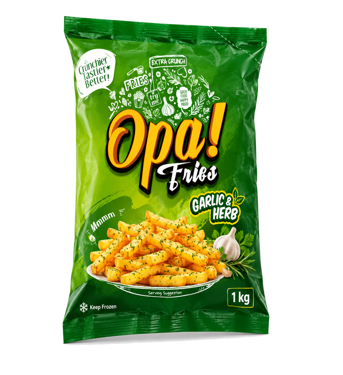 Opa! Garlic & Herb Frozen Fries 1 kg bag, left-angle view
