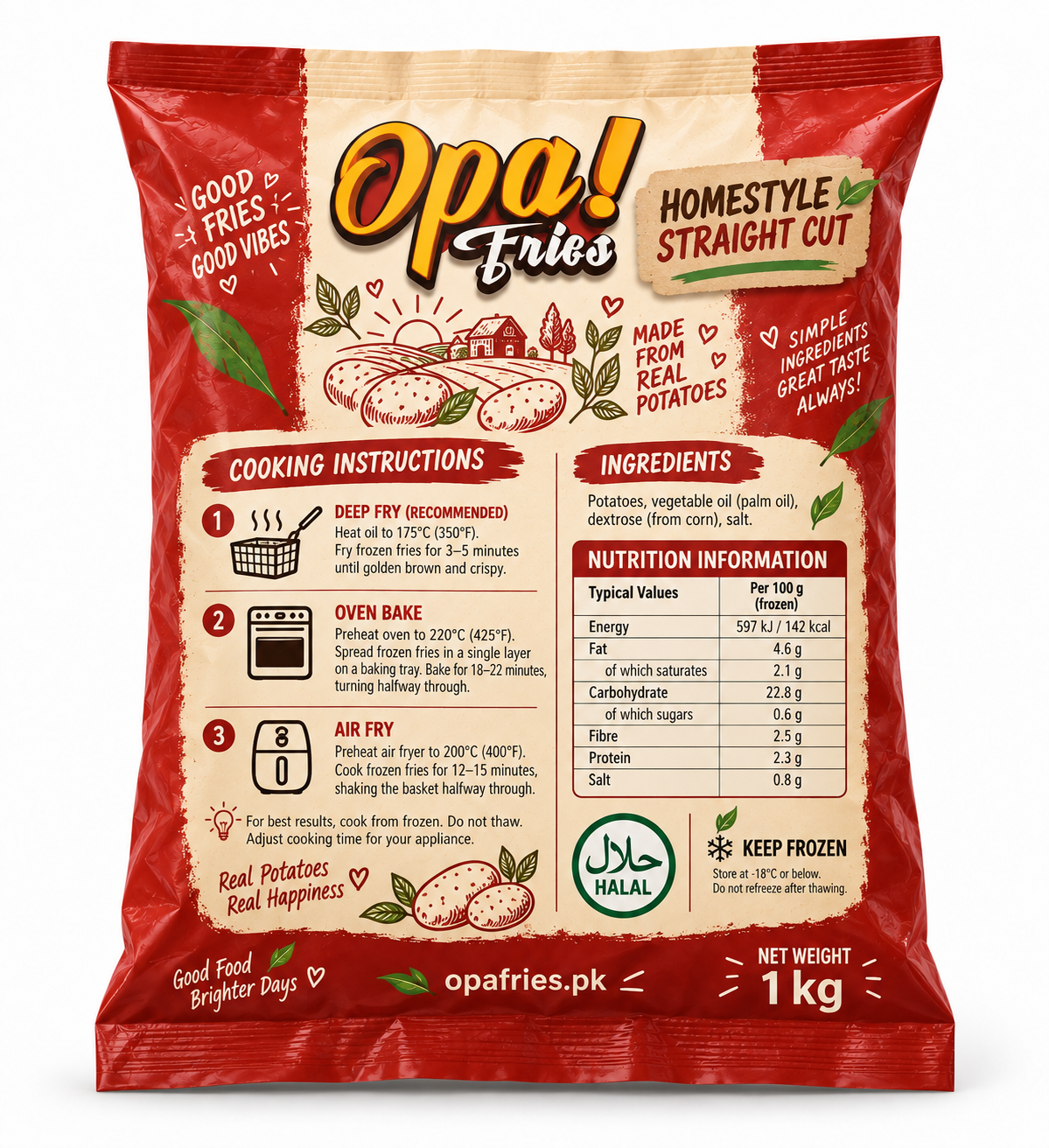 Opa! Homestyle Straight Cut Frozen Fries 1 kg bag, back view showing product information