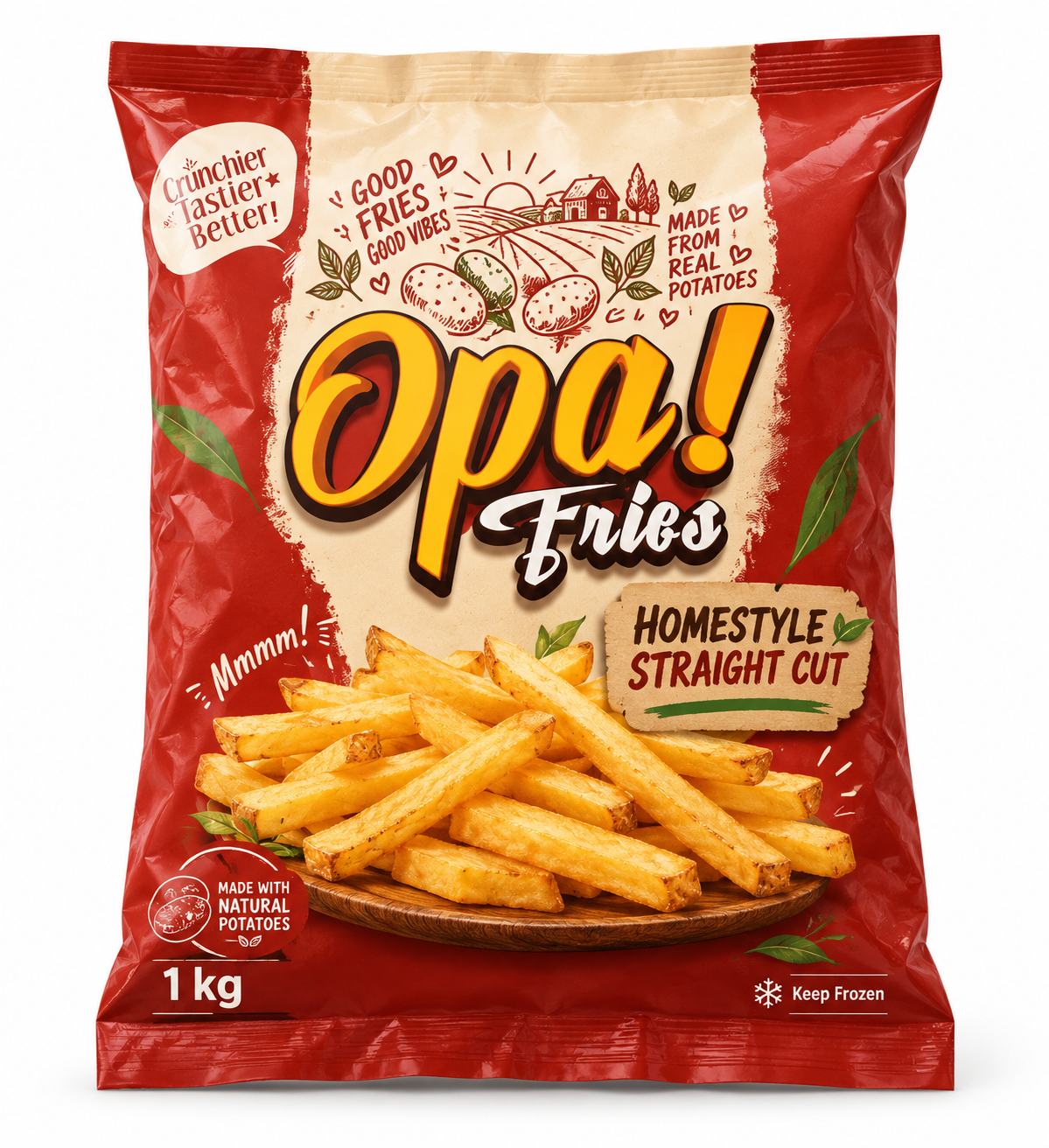 Opa! Homestyle Straight Cut Frozen Fries 1 kg bag, front view