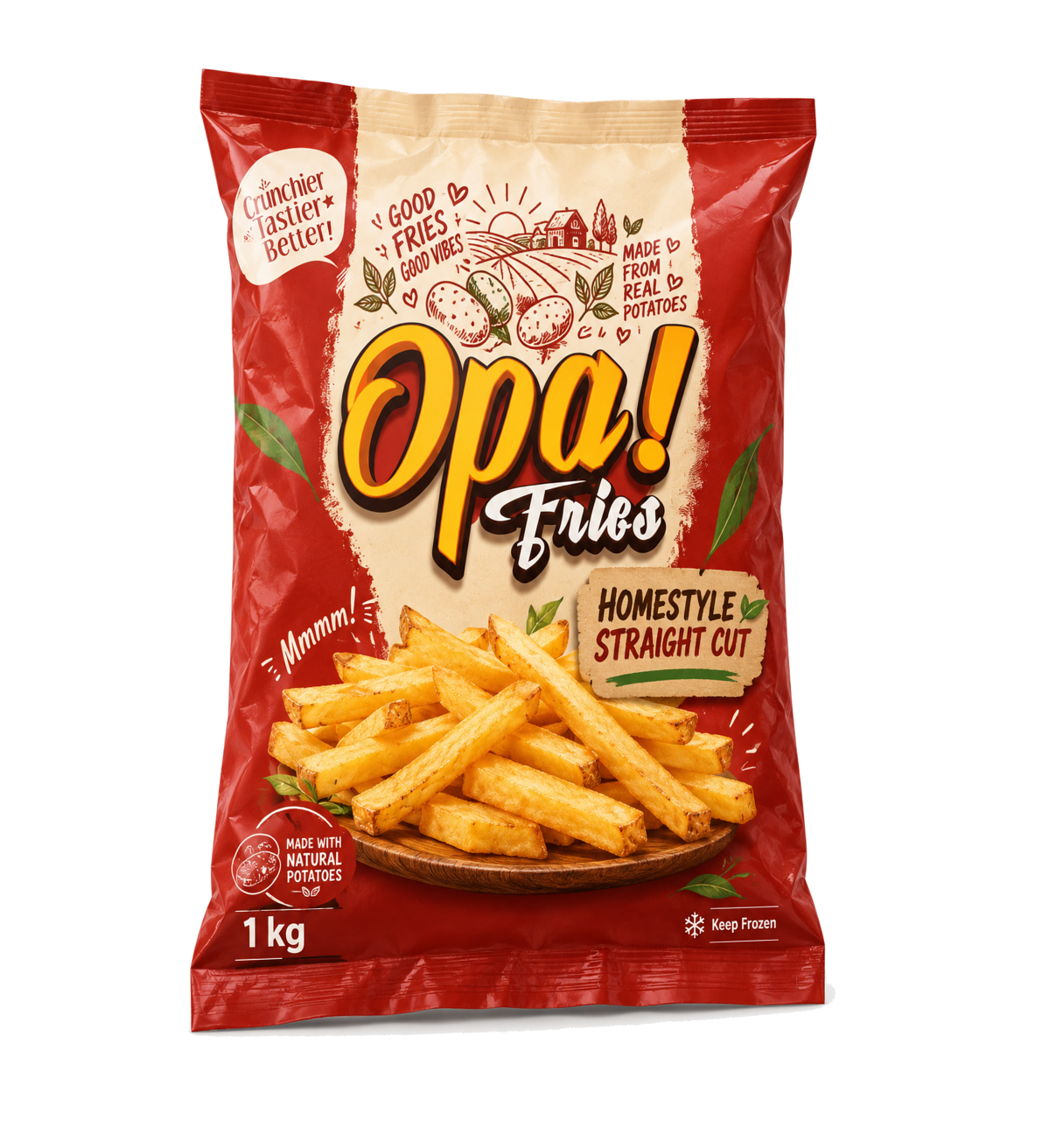 Opa! Homestyle Straight Cut Frozen Fries 1 kg bag, left-angle view
