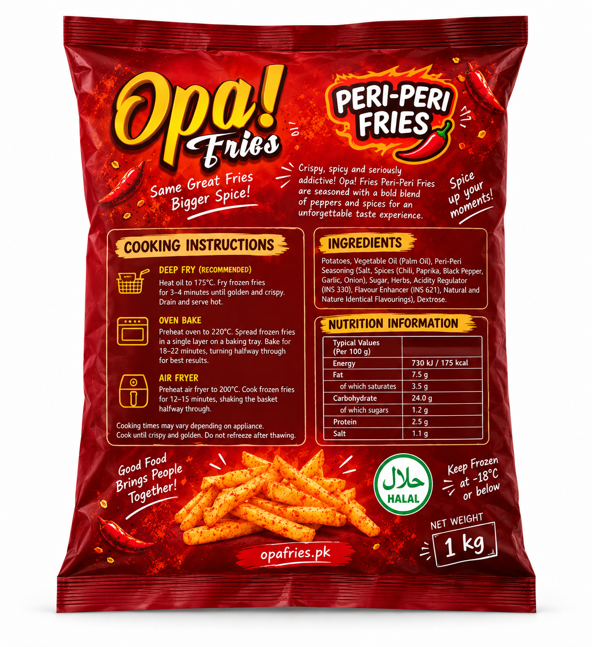 Opa! Peri-Peri Frozen Fries 1 kg bag, back view showing product information