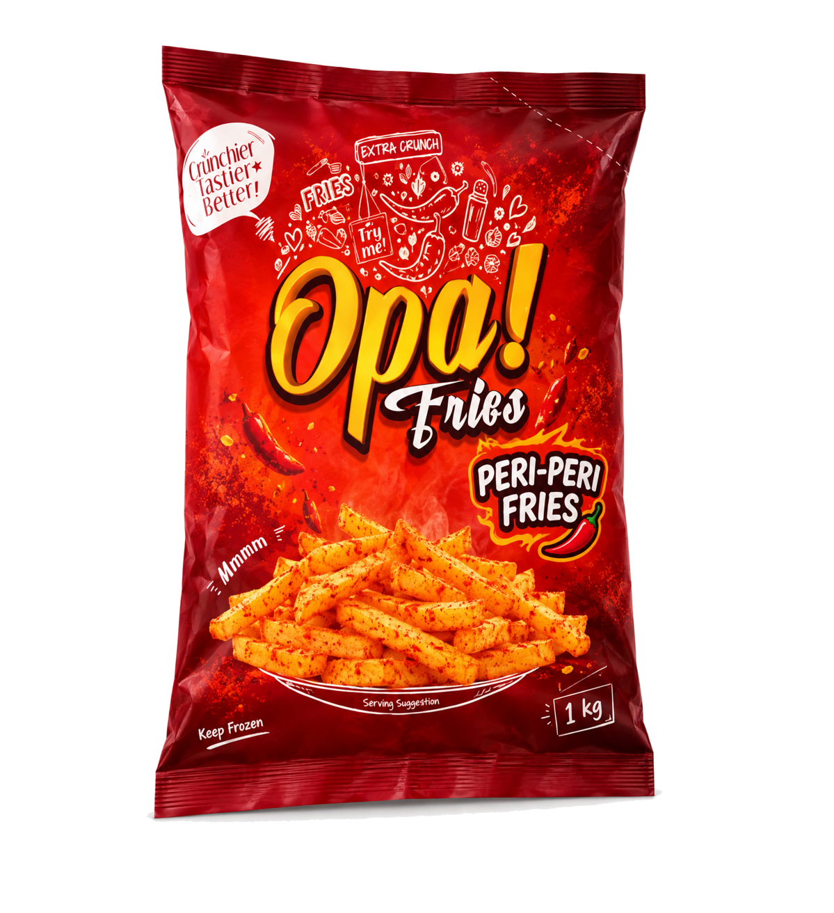 Opa! Peri-Peri Frozen Fries 1 kg bag, left-angle view