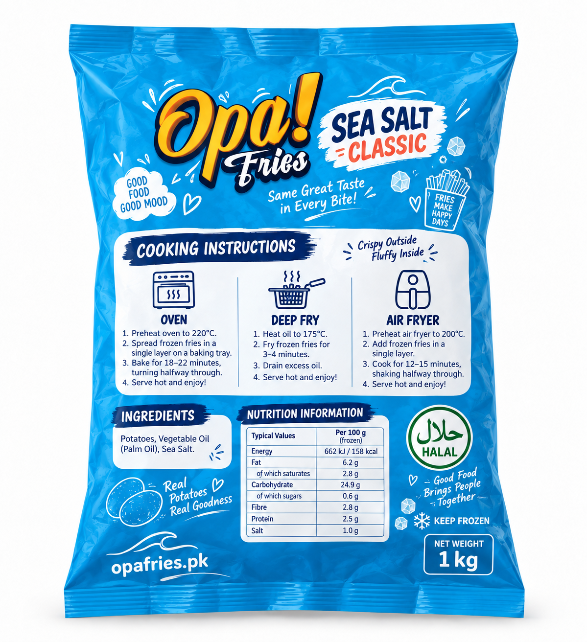 Opa! Sea Salt Classic Frozen Fries 1 kg bag, back view showing product information