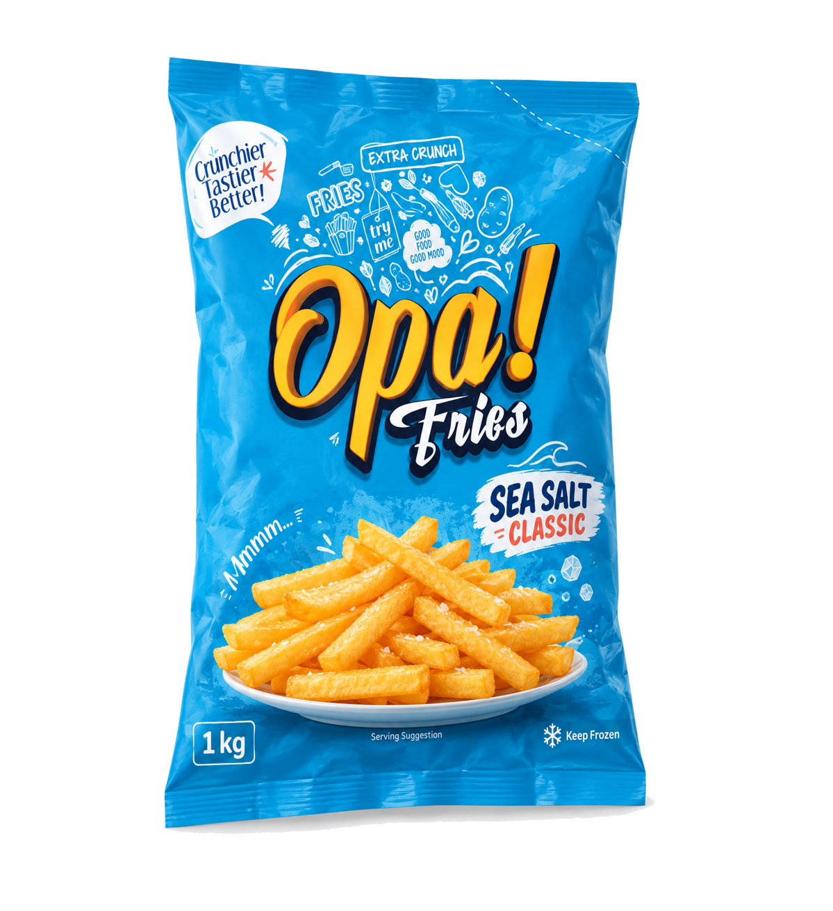 Opa! Sea Salt Classic Frozen Fries 1 kg bag, left-angle view