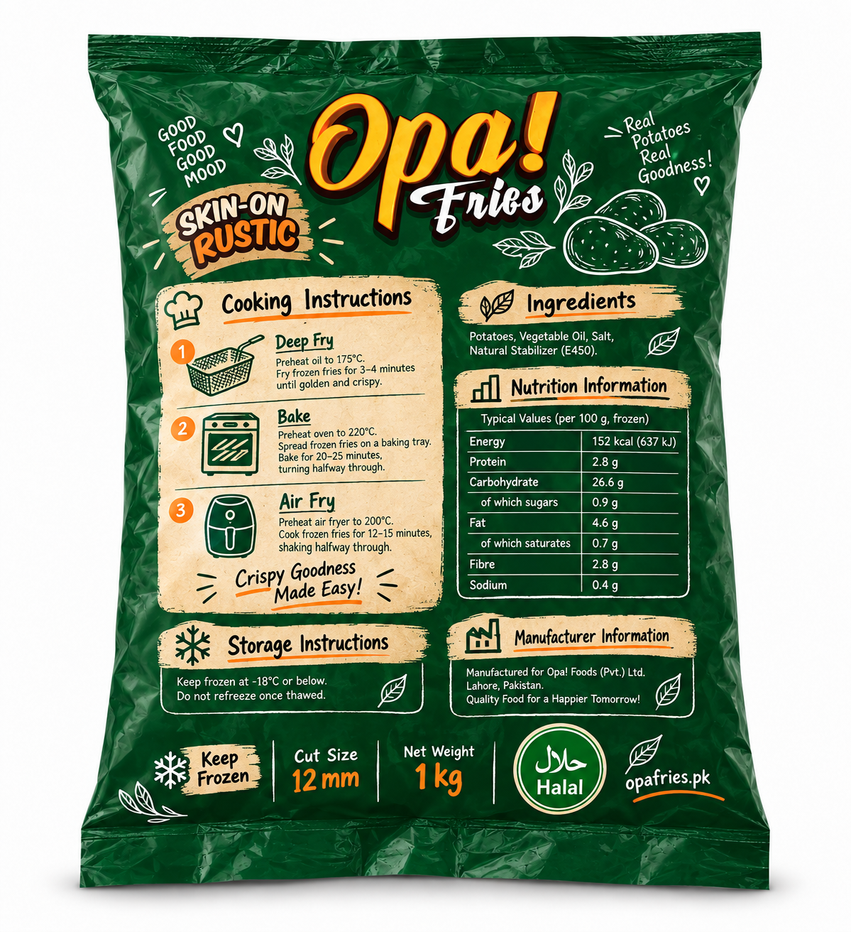 Opa! Skin-On Rustic Frozen Fries (12 mm) 1 kg bag, back view showing product information