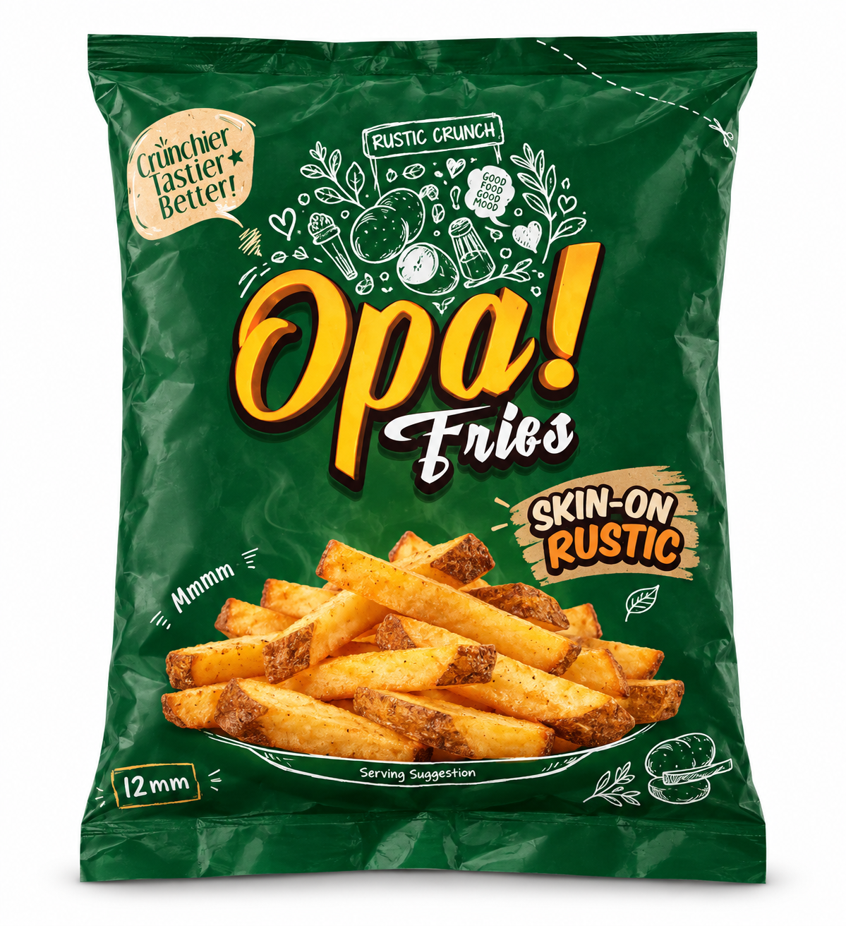 Opa! Skin-On Rustic Frozen Fries (12 mm) 1 kg bag, front view