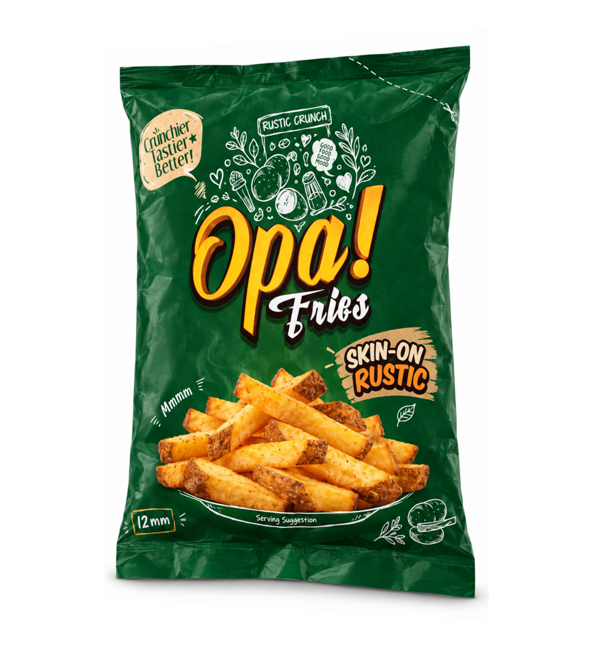 Opa! Skin-On Rustic Frozen Fries (12 mm) 1 kg bag, left-angle view
