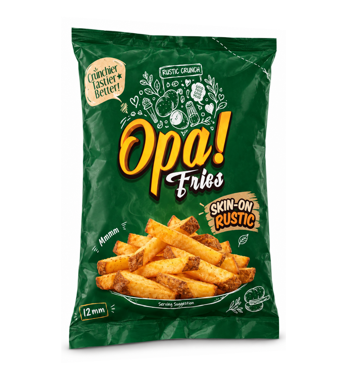 Opa! Skin-On Rustic Frozen Fries (12 mm) 1 kg bag, right-angle view