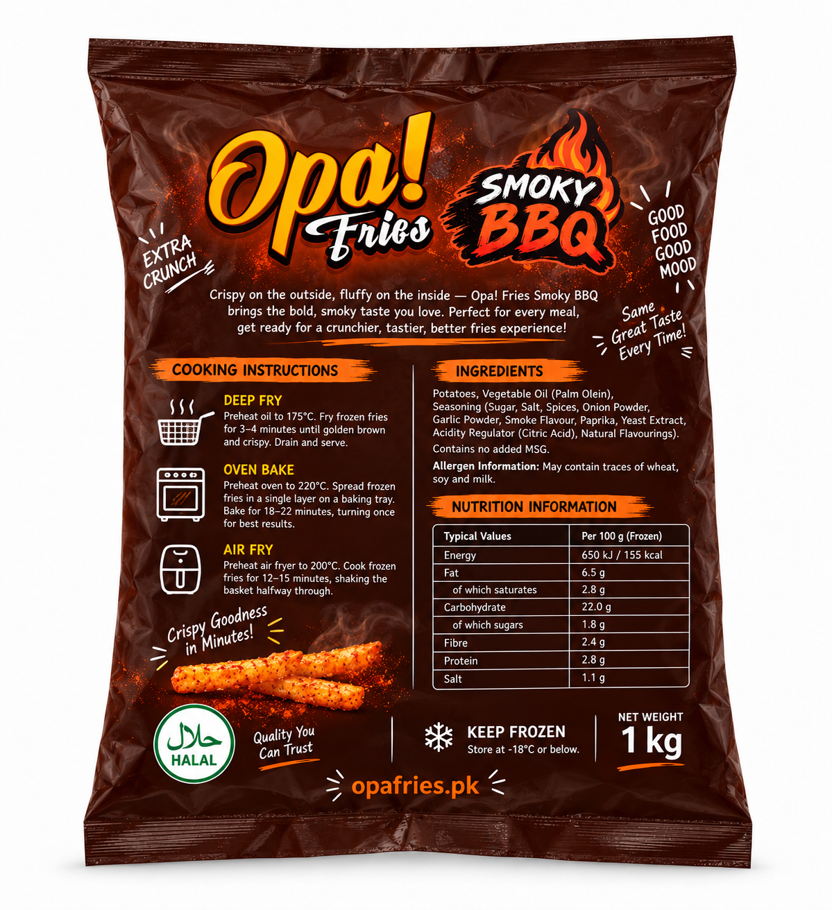 Opa! Smoky BBQ Frozen Fries 1 kg bag, back view showing product information