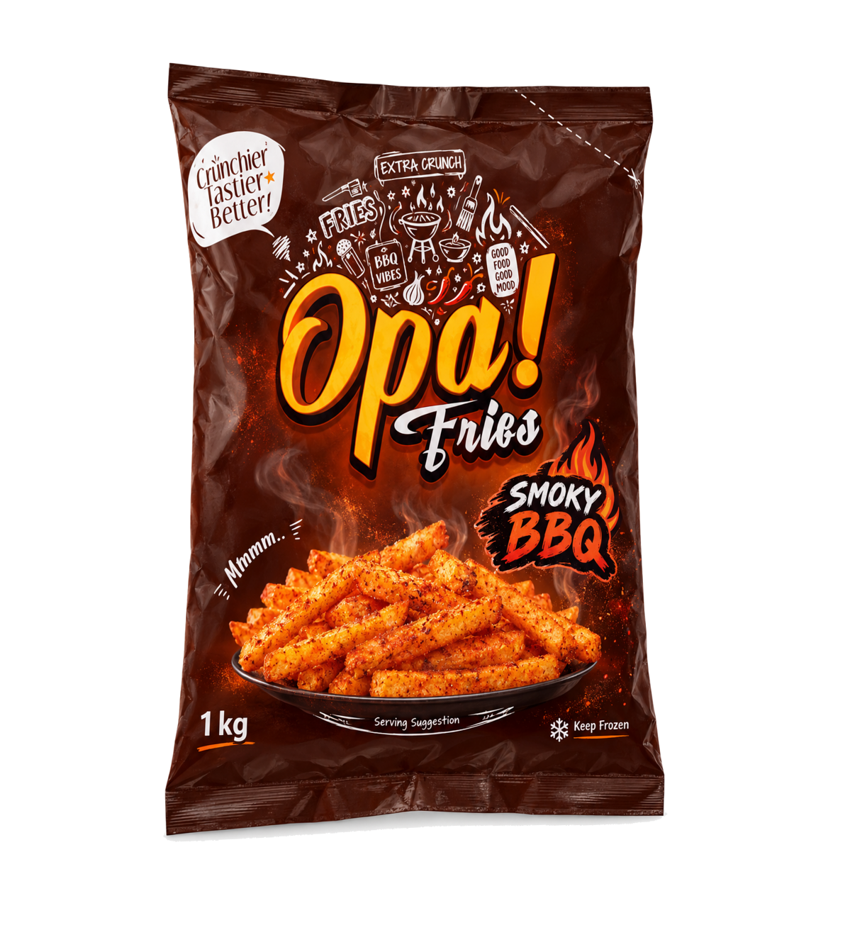 Opa! Smoky BBQ Frozen Fries 1 kg bag, left-angle view