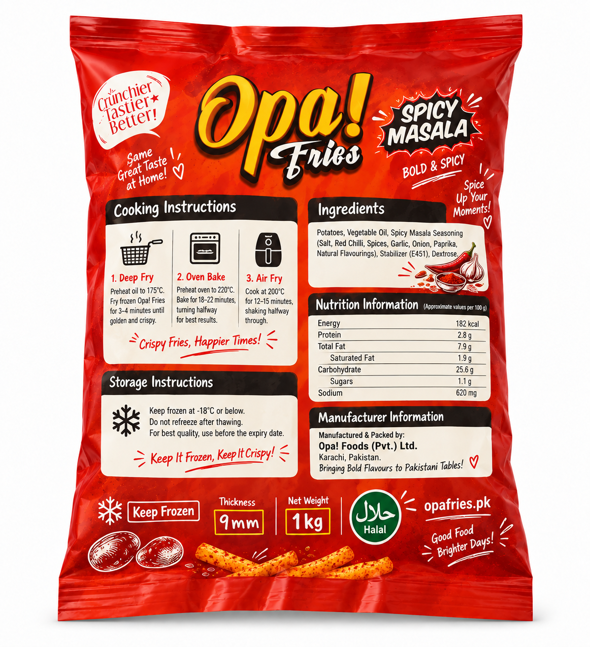 Opa! Spicy Masala Frozen Fries (9 mm) 1 kg bag, back view showing product information