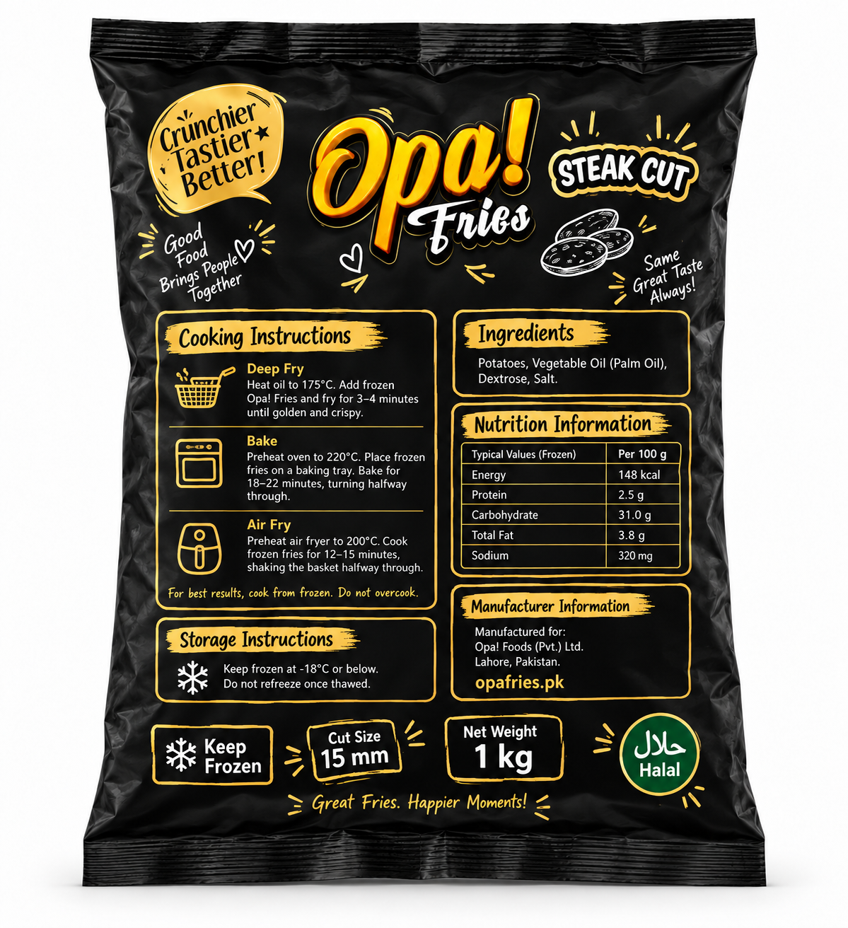 Opa! Steak Cut Frozen Fries (15 mm) 1 kg bag, back view showing product information