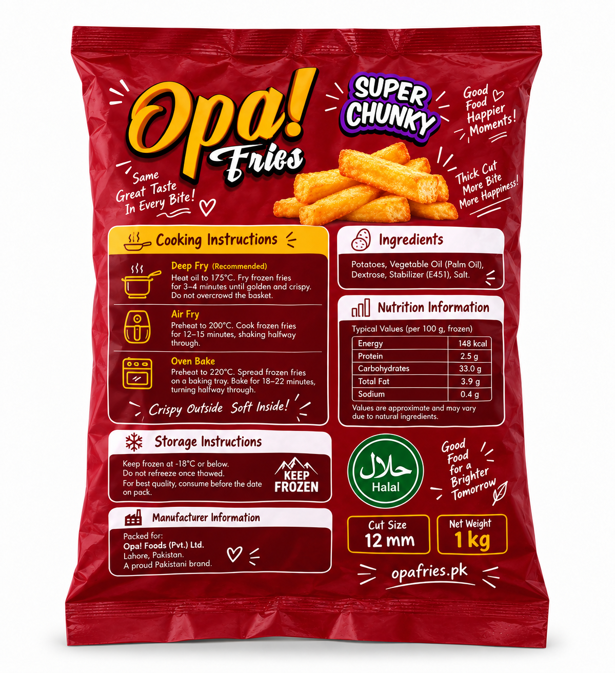 Opa! Super Chunky Frozen Fries (12 mm) 1 kg bag, back view showing product information