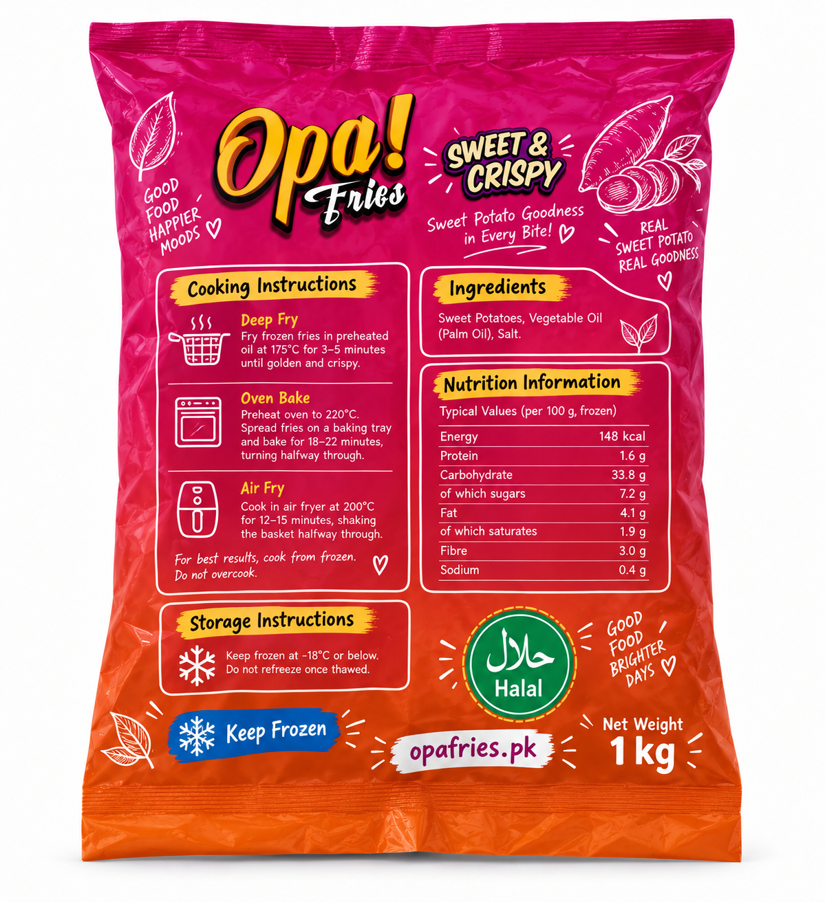 Opa! Sweet & Crispy Sweet Potato Fries (10 mm) 1 kg bag, back view showing product information