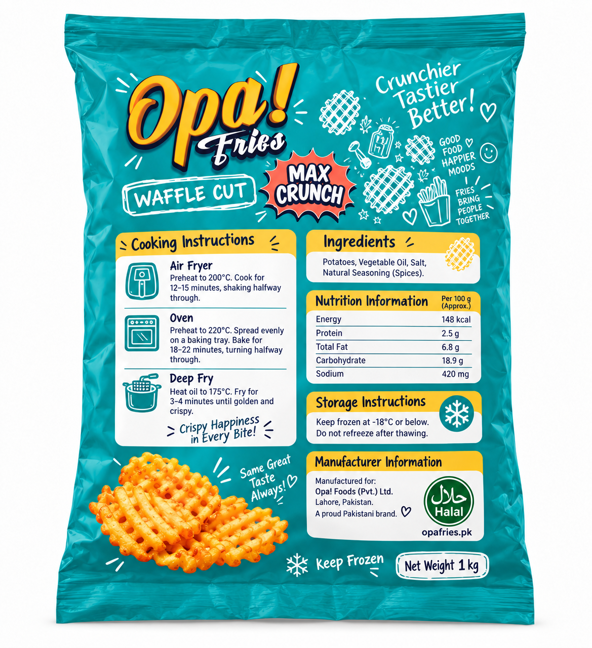 Opa! Waffle Cut Frozen Fries 1 kg bag, back view showing product information