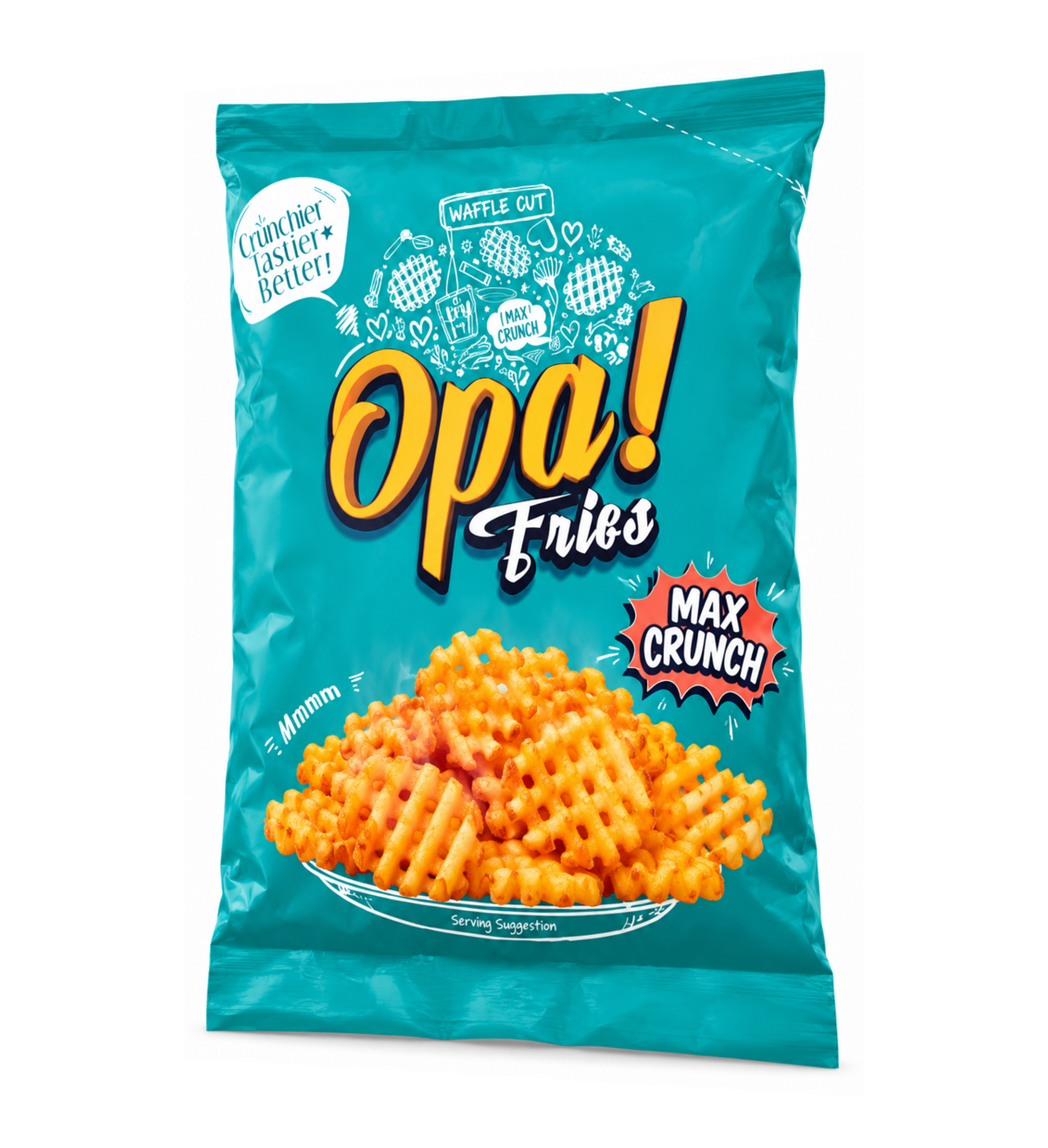 Opa! Waffle Cut Frozen Fries 1 kg bag, left-angle view