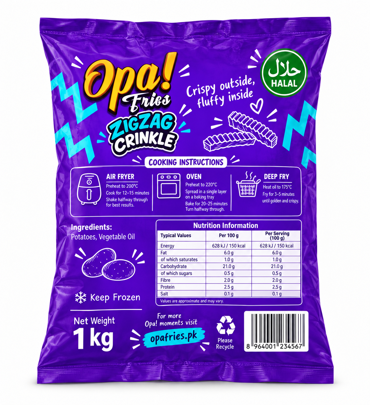 Opa! Zigzag Crinkle Frozen Fries 1 kg bag, back view showing product information