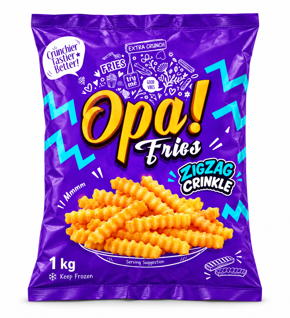 Opa! Zigzag Crinkle Frozen Fries 1 kg bag, front view