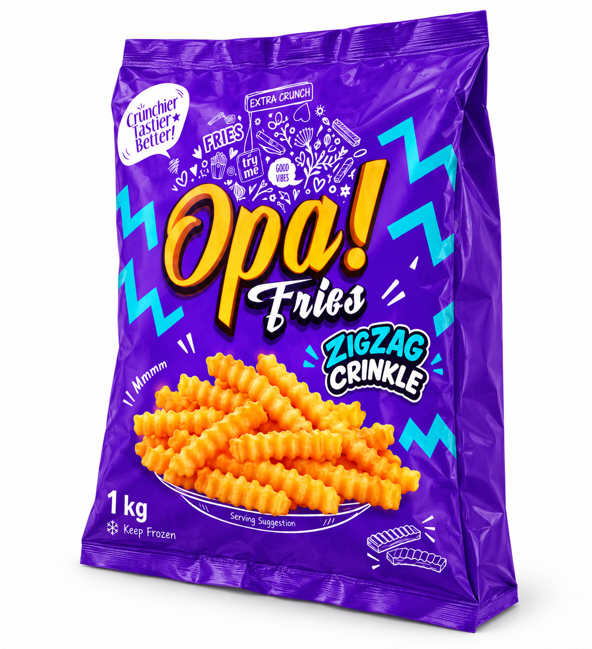 Opa! Zigzag Crinkle Frozen Fries 1 kg bag, right-angle view